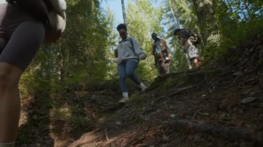 Orman yolunda yürüyen çok ırklı genç yürüyüşçüler. Asyalı adam fotoğraf makinesinde yemyeşil fotoğraf çekmek için duruyor.