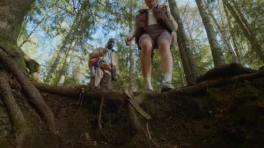 Düşük açılı çekimde iki çok ırklı gezgin, verimli orman manzarasında birlikte yürüyüş yaparken tepeden aşağı doğru yürüyorlar.