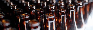 Bira fabrikasındaki üretim hattında ışıkta parlayan düzinelerce açık cam şişenin baş görüntüsü, boşluğu kopyala