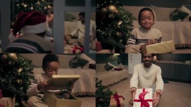 Modern ailelerin hediyeler hazırladığı ve çocuğun Noel 'de hediyesini açtığı bir ekran.
