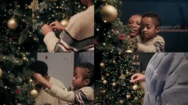 Akşamları süslerle Noel ağacı süsleyen çocuk sahibi modern Afrikalı Amerikalı aile, bölünmüş ekran