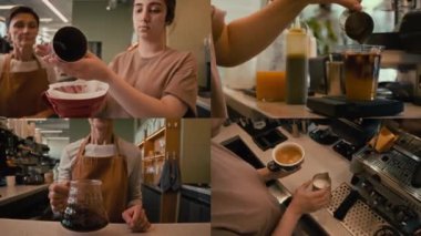 Modern kafede kahve hazırlayan genç ve yaşlı kadın baristaları bölüşürüz.