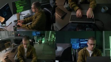 Genç beyaz erkek programcının gece yarısı modern ofiste program kodlaması ile çalışırken melez meslektaşını yumruk tokuşturarak selamladığı ekranı böleceğiz.