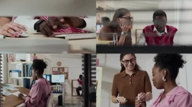 Çalışma alanı ve bilgisayarlarla birlikte yaratıcı çalışma alanında işbirliği yapan üç farklı meslektaşın ekranını böl