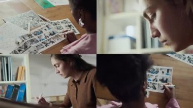 Renkli kalemler ve siyah-beyaz çizim kağıtları kullanarak, ahşap çalışma istasyonunda yaratıcı proje üzerinde çalışan iki farklı kadın ressamın ekranını böl