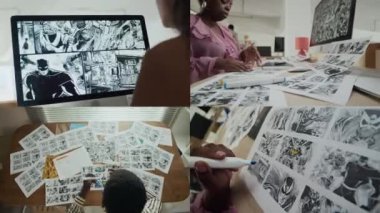 Profesyonel dijital ve basılı çizgi roman ve çizim tahtası yaratıcılarının yaratıcı sanat stüdyosundaki yeni çizimler üzerinde yoğun bir şekilde çalıştıkları ekranı böl