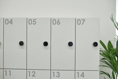 Çağdaş çalışma alanında bulunan dijital tuş takımları ile donatılmış çalışanların kişisel eşyaları için metal akıllı dolapların arka plan görüntüleri, kopyalama alanı