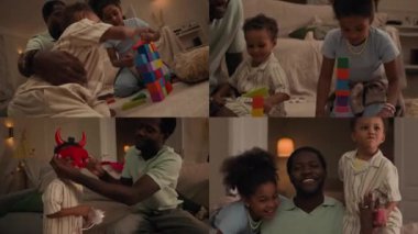 Genç mutlu siyahi babanın, küçük kızına ve küçük oğluna inşaat bloklarından oyuncak kuleler inşa etmelerine yardım ettiği ve akşamları evlerinde süslü kostümler denediği bir ekran.