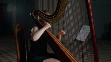 Süslü siyah cüppeli, müzik sehpasıyla arp çalan ve katolik kilisesinin karanlık ve gizemli ışığıyla etrafta dolanan orta sınıf bir kadın arpçı fotoğrafı.
