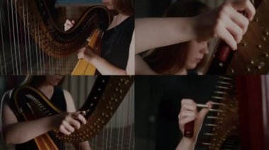 Klasik arpını akort anahtarıyla akort eden ve bulanık arka planda loş aydınlık katolik kilisesindeki tellerin seslerini kontrol eden beyaz kadın müzisyenin ekranını ayır