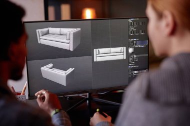 Two designers working on creating 3D models of furniture using specialized rendering software and 3D modeling techniques for a design project clipart