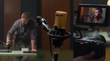 Modern yayın stüdyosunda çekim sırasında kamera ayarlayan profesyonel ses ekipmanı ve operatörü kuran genç beyaz adamın podcast kaydından sahne arkasını ayır