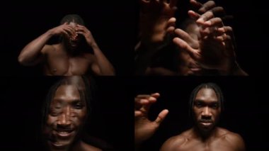 Film stüdyosundaki dramatik çekim sırasında, siyah arka planda dinamik bir şekilde kameraya poz veren yakışıklı ve güçlü Afrikalı Amerikalı adamın hareket bulanıklığı efektiyle ekranı böleceğiz.