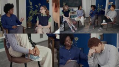 Çeşitli gençlerle grup terapisi yapan genç siyahi kadın psikoloğu, rahat sınıflarda daireler çizerek stres yönetimi, tavsiye ve destek sağlıyorlar.