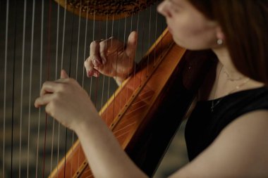 Arp çalan profesyonel bayan müzisyenin ellerini kapatın. İpleri koparıyor. Sahnede klasik müzik çalıyor.