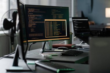 Yazılım geliştiricilerinde çalışan profesyonel iş istasyonunda çalışan bilgisayar ekranı görüntüleme satırlarının hala canlı görüntüsü