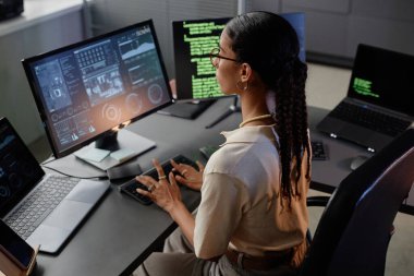 Orta Doğulu kadın bilişim mühendisinin ofiste profesyonel bir iş yerinde otururken klavyede bilgisayar yazılımı geliştirirken yan görüntüsü