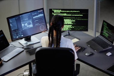 Ofisteki profesyonel iş istasyonunda birden fazla ekranla çalışan tanınamayan kadın programcının yüksek açılı görüntüsü.