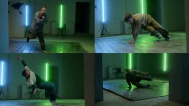 Kentsel giyim giyen beyaz tenli gençlerin yeşil renkli ışıklandırmayla birlikte büyük beceri ve yaratıcılık gösterdikleri bir sahnede break dans yapmaları.