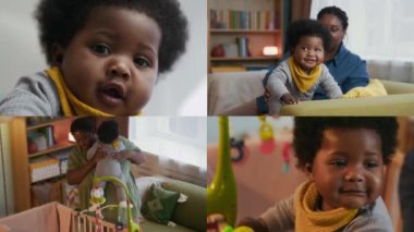 Meraklı ve dışavurumcu Afrikalı Amerikalı bebeğe sevgi dolu ve şefkatli annesi tarafından bakılıyor.