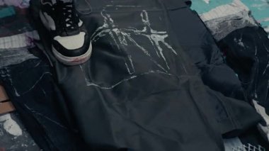 Yüksek açılı, tanınmayan yaratıcı ressamın metal şebekede ayağını yere vurması ve iç mekanda giysi üzerinde beyaz bir iz bırakması.