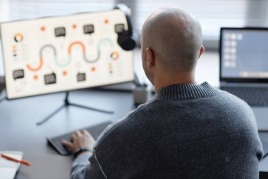 Şirket ofisinde çalışırken kafası tıraşlı bir yetişkinin bilgisayar klavyesinde daktilo kullanmasının arka görünüşü.