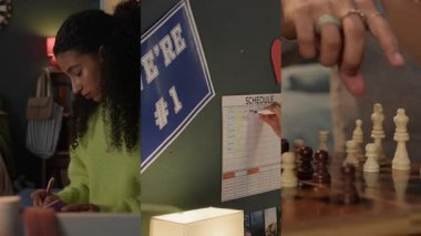 Çift ırklı genç kız ödev yapıyor, program kağıdına notlar yazıyor ve yurtta satranç oynuyor, ekranı ikiye bölüyor.