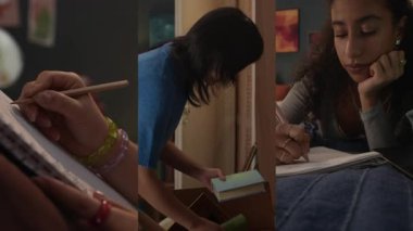 Çeşitli kızlar kutuları açıyor, deftere yazıyor ve yatakhane odasında sınava hazırlanıyor.