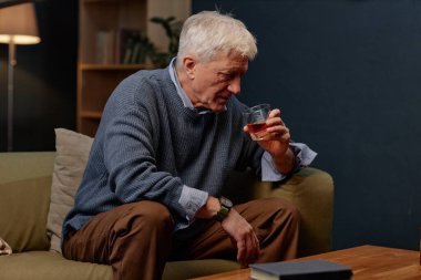 Yaşlı bir adam rahat bir şekilde kanepede oturmuş, elinde cam bardakla ev içinde sıcak bir ışık ve arka planda kitap rafı olan bir şeyler düşünüyor.