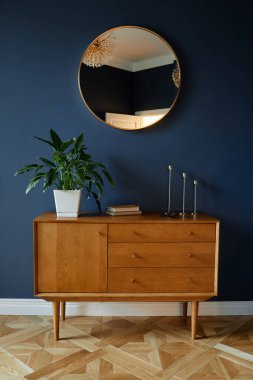 Yüzyılın ortalarında, üzerinde oval ayna olan karanlık duvarın karşısında duran ahşap kabine, üzerine yeşil bitki ve dekorasyon ürünleri yerleştiriliyor ve parlak tasarımla tezat yaratıyor.