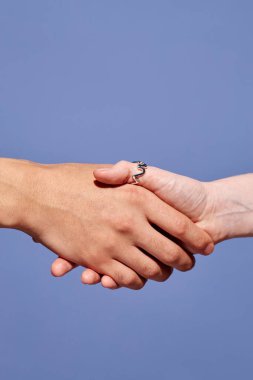 İki kişinin el sıkışması, anlaşmanın sembolü ya da mavi arka planda ortaklık. Ellere odaklan, birlik ve işbirliğinin işaretini vurgula