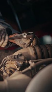 Dikey yan görüş, garajdaki İngiliz anahtarı servis aracını kullanan, pamuk eldivenli tanınmayan teknisyenlerin el resimleri.