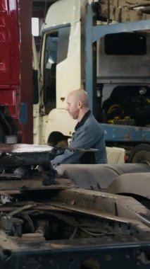 Dikey olarak orta yaşlı beyaz erkek tamircinin kontrol için kırmızı tıra tırmanması, profesyonel oto tamir atölyesinde çalışması.