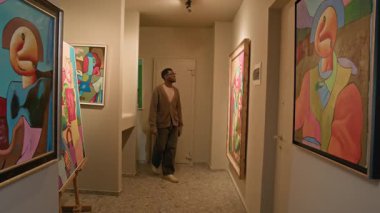 Sergi salonu boyunca yürüyen ve modern sanat galerisindeki soyut tabloları gözlemleyen günlük giysili Afrikalı genç bir adamın tam karesi.