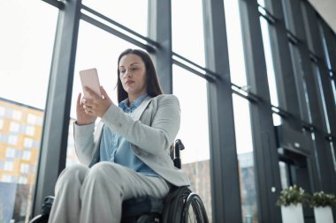 Tekerlekli sandalyedeki genç iş kadınının düşük açılı portresi ofis lobisinde akıllı telefon kullanarak, boşluğu kopyalayarak