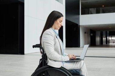 Tekerlekli sandalyedeki başarılı iş kadınının yan görünüş portresi. Bilgisayarı ofis lobisinde kullanıyor.