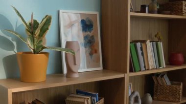 Renkli kitaplarla süslenmiş ahşap kitaplık, sarı kapta saksı bitkisi, çerçevede soyut sanat eseri ve sıcak ve sanatsal ev havası yaratan minimalist yüz vazosu çekimleri yok.