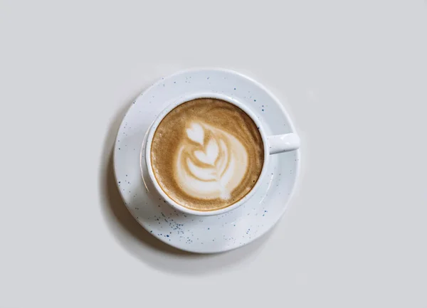 Kopp Kaffe Latte Ljus Bakgrund Platina Skugga Morgon Frukost Koncept — Stockfoto