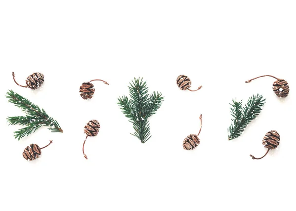 用冷杉枝条和球果做成的圣诞装饰品 白色背景上镶嵌着雪花 创造性地复制空间 — 图库照片