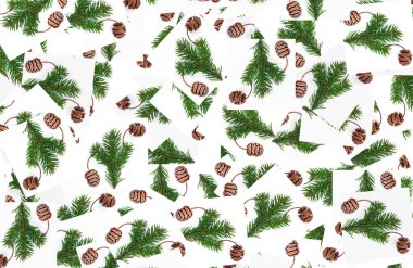 Beyaz arka planda köknar dalları ve sekoya konilerinin Noel deseni. Doğal tasarımın harikası. paket kağıdı 