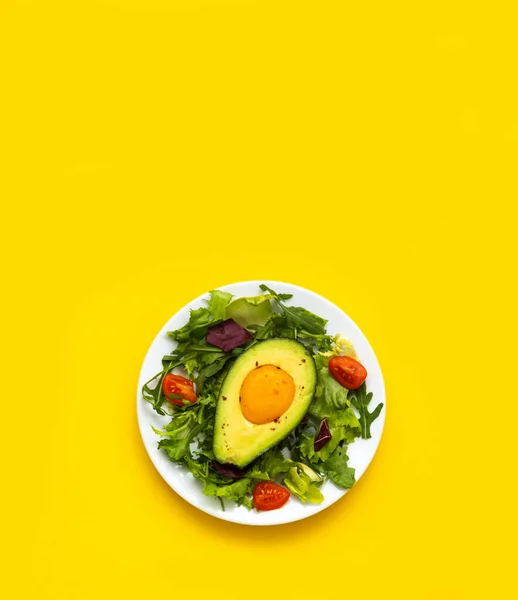Baked Egg Avocado Lettuce Leaves Yellow Background Healthy Balanced Products 스톡 사진