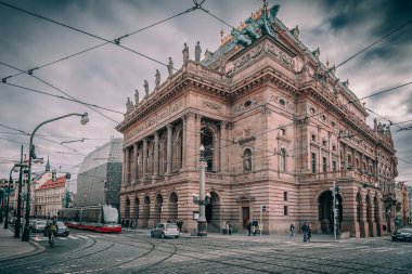 PRAGUE, CZECH REPUBLIC - 01.2013: Prague City Center. Red tram in Prague, Czech Republic.