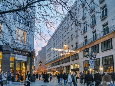 Akşamları evler ve yayalar Budapeşte 'nin merkezinde mimarlık.