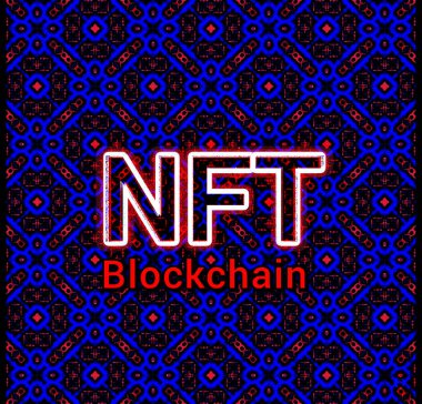 Mavi kare arkaplanda NFT ve blockchain yazıtları