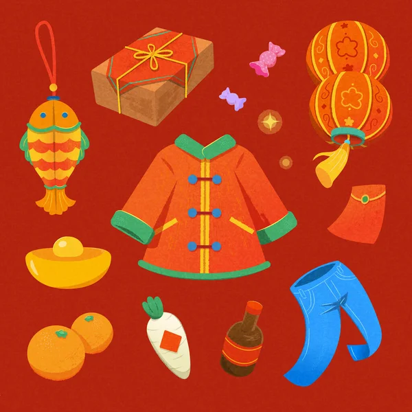 Illustriertes Chinesisches Neujahrselement Auf Rotem Hintergrund Inklusive Outfits Laternen Bonbons — Stockvektor