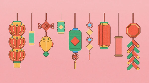 Geïllustreerd Verschillende Chinese Nieuwjaar Lantaarns Ornamenten Geïsoleerd Roze Achtergrond — Stockvector