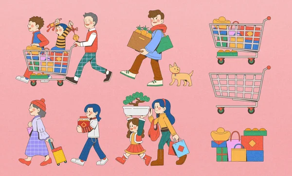 图片说明中国新年购物家庭设置与粉红色背景隔离 可爱的人物推着推车或提着食品杂货 宠物猫 购物车和各种礼物 — 图库矢量图片