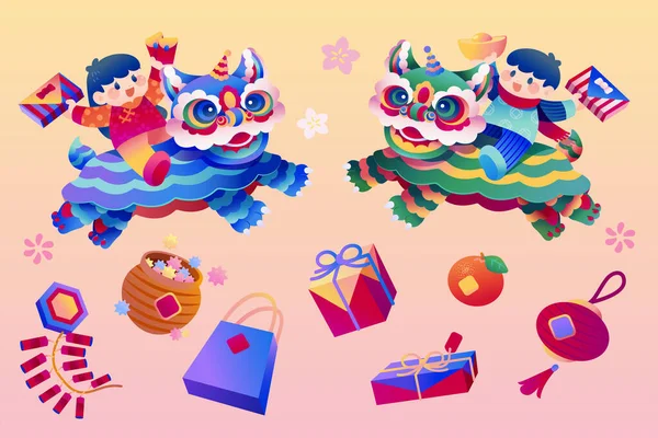 パステルイエローとピンクのグラデーションを基調にしたかわいい中国の新年の要素セット ライオンダンス キャンディージャー ショッピングバッグ ランタン ギフト オレンジ 花に乗って子供たち — ストックベクタ