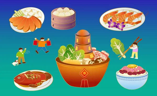Εικονογραφημένα Πιάτα Δείπνου Επανένωσης Cny Που Απομονώνονται Φόντο Μπλε Βαθμίδας — Διανυσματικό Αρχείο