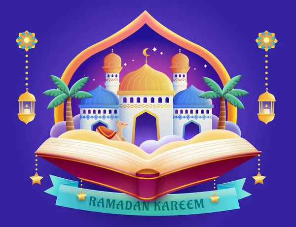 Kreative Ramadan Grußkarte Wüstenszene Mit Moschee Und Kamel Aus Aufgeschlagenem — Stockvektor